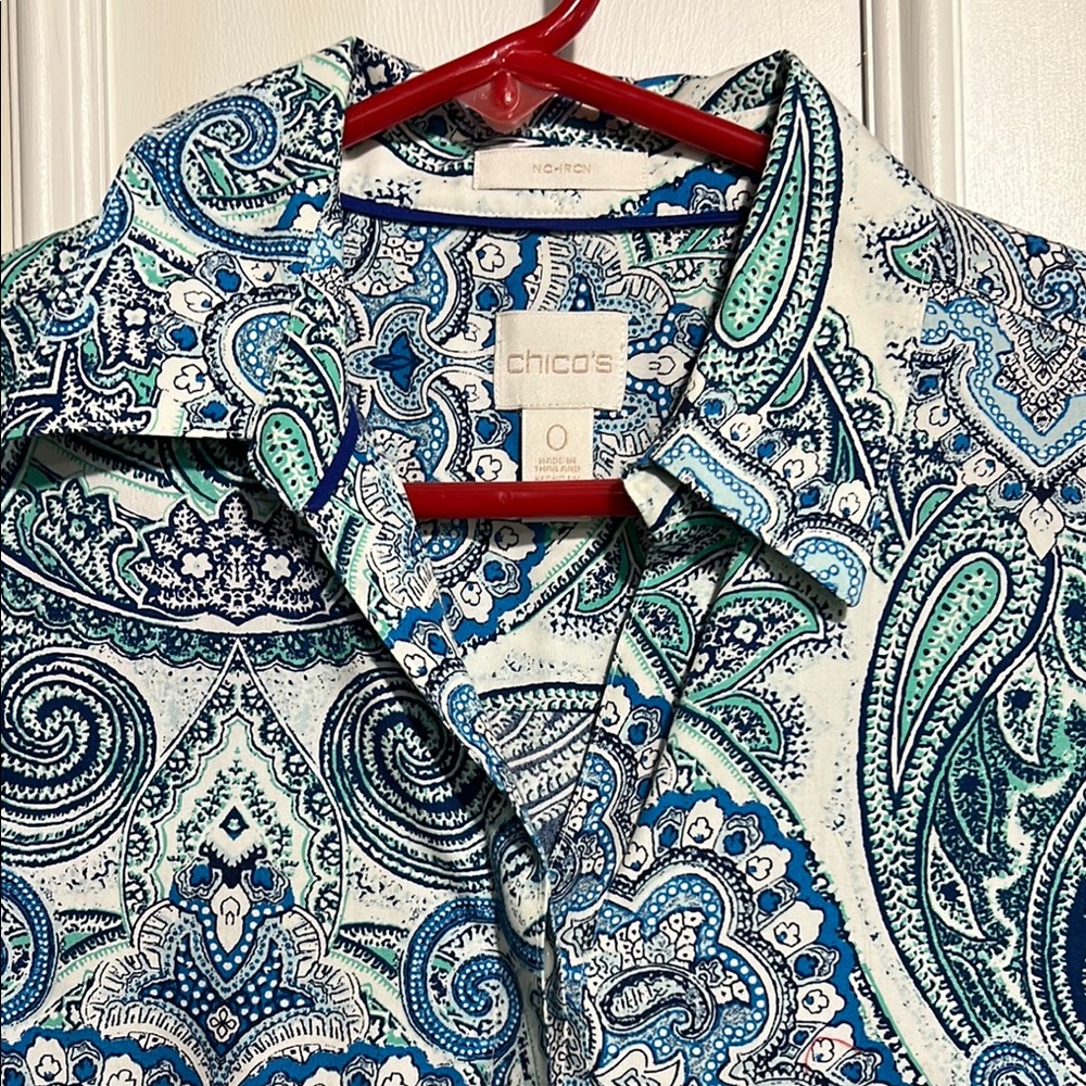 Chico's Blue and Green Button Down Shirt with Notched Collar - Picture 2 of 4